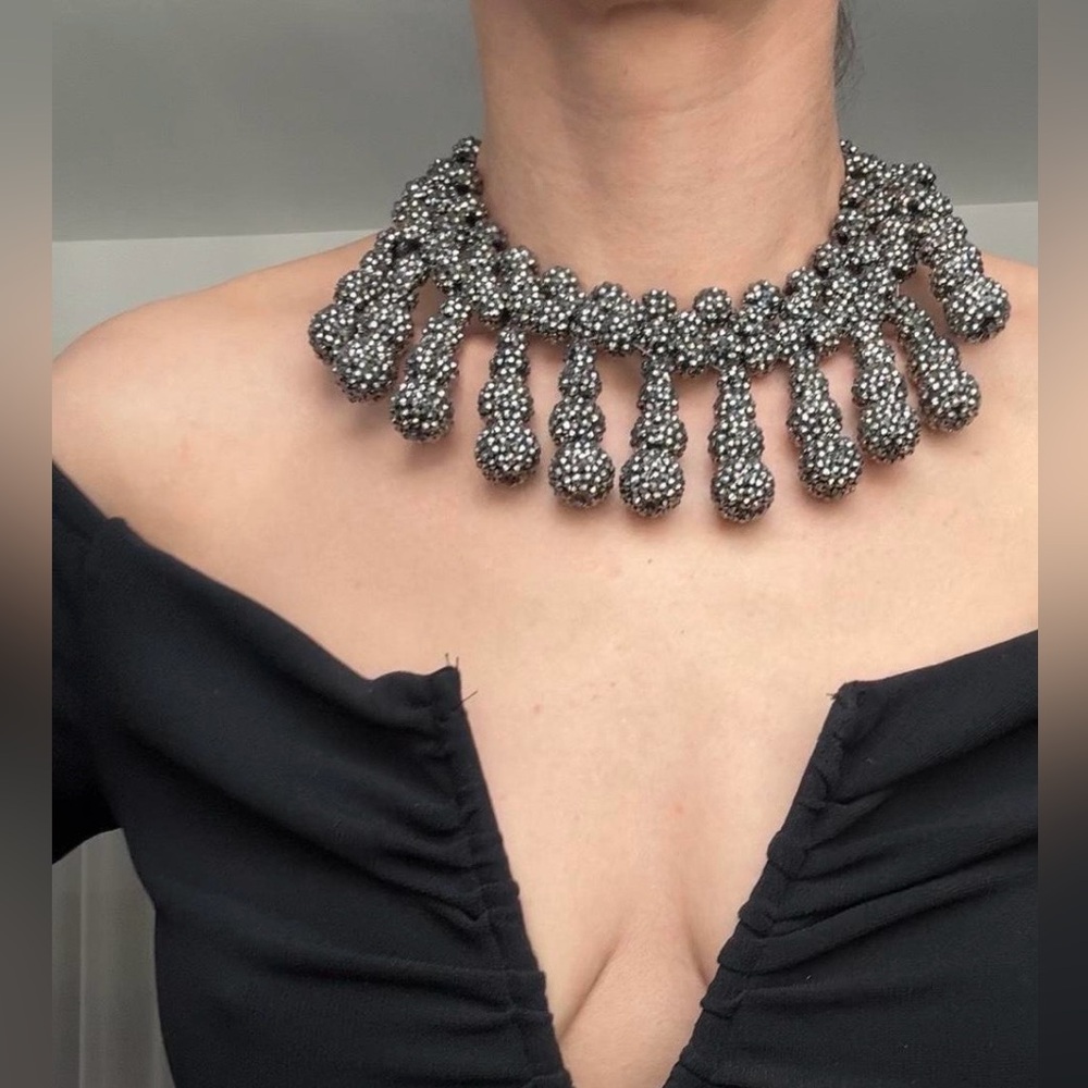 Zara Metallic Silver Beaded Fringe Choker Necklace